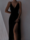 Sexy A line Straps Floor Length Black Slit Prom Dresses HZ1022
