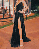 Sexy A line One Shoulder Floor Length Black Sequin Prom Dresses HZ1022