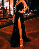 Sexy A line One Shoulder Floor Length Black Sequin Prom Dresses HZ1022