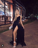 Sexy A line One Shoulder Floor Length Black Sequin Prom Dresses HZ1022
