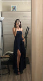 Sexy A Line Straps Floor Length Navy Blue Slit Prom Dresses HZ1022