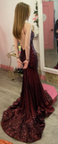 Mermaid Burgundy Sequin Floor Length Prom Dress HZ1022