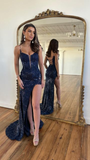 Mermaid Navy Blue Sequin Floor Length Prom Dress With Slit HZ1022