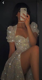 Sweet Short Sleeves Sequin Prom Dresses Slit Prom Gown HZ1022