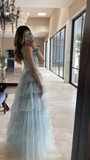 Light Blue Tulle Prom Dresses Ruffles Pleated Baby Blue Evening Gown HZ1022