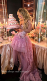 Sexy High Low Sleeveless Lace Pink Prom Dress HZ1022