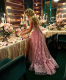 Sexy High Low Sleeveless Lace Pink Prom Dress HZ1022