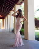 Mermaid Spaghetti Straps Sleeveless Pink Lace Prom Dress HZ1022