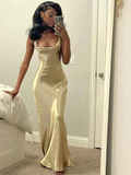Shiny Cream Crystal Satin High Quality Spaghetti Straps Mermaid Prom Dress HZ1022