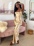Shiny Cream Crystal Satin High Quality Spaghetti Straps Mermaid Prom Dress HZ1022