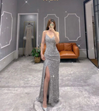 Sparkly Sequins Spaghetti Straps Sequin Side Slit Prom Dress HZ1022