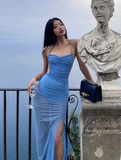 Blue Sexy Long Prom Dress See-through Prom Dress Beach Dress HZ1022