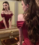 Sexy Mermaid Off the Shoulder Long Burgundy Prom Dresses with Lace Up HZ1022