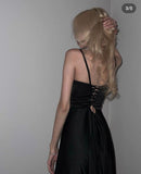 Sexy A Line Straps Long Black Slit Prom Dresses HZ1022