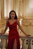 A line Spaghetti Straps Red Long Prom Dress With Slit HZ1022