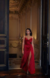 A line Spaghetti Straps Red Long Prom Dress With Slit HZ1022