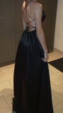 Sexy A Line Straps Long Black Slit Backless Prom Dresses HZ1022