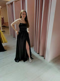 Sexy A Line Straps Long Black Slit Backless Prom Dresses HZ1022