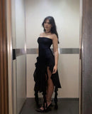 Sexy Sheath Strapless Long Black Slit Floral Prom Dresses HZ1022
