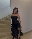 Sexy Sheath Strapless Long Black Slit Floral Prom Dresses HZ1022