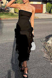 Sexy Sheath Strapless Long Black Slit Floral Prom Dresses HZ1022