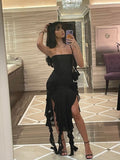 Sexy Sheath Strapless Long Black Slit Floral Prom Dresses HZ1022