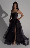 Sparkly A line Straps Long Black Slit Tulle Prom Dresses HZ1022