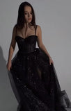 Sparkly A line Straps Long Black Slit Tulle Prom Dresses HZ1022