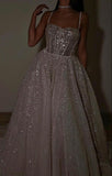 Sparkly Charming A line Spaghetti Straps Long Sequin Prom Dress HZ1022