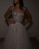Sparkly Charming A line Spaghetti Straps Long Sequin Prom Dress HZ1022