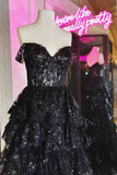 Sparkly Black Off The Shoulder Tiered Prom Dress HZ1022