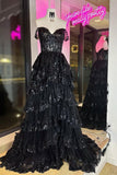 Sparkly Black Off The Shoulder Tiered Prom Dress HZ1022