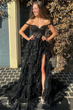 A line Off Shoulder Black Lace Long Prom Dress With High Slit HZ1022