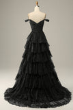 A line Off Shoulder Black Lace Long Prom Dress With High Slit HZ1022