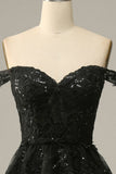 A line Off Shoulder Black Lace Long Prom Dress With High Slit HZ1022
