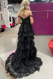 Sparkly Black Off The Shoulder Tiered Prom Dress HZ1022