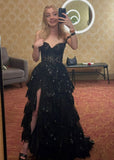 Sparkly Black Off The Shoulder Tiered Prom Dress HZ1022