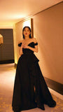 A line Off Shoulder Black Long Prom Dress With High Slit HZ1022