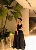 A line Straps Black Long Prom Dress With Straps HZ1022