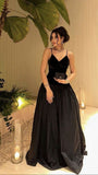 A line Straps Black Long Prom Dress With Straps HZ1022