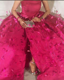 Ball Gown Strapless Hot Pink Long Prom Dress With Feathers HZ1022