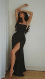 Sexy Spaghetti Straps Black Long Prom Dress With Slit HZ1022