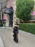 Sexy Mermaid Strapless Black Slit Long Prom Dress With Gloves HZ1022