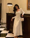 Sexy A line Square Neckline Long Sleeves White Prom Dress HZ1022
