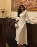 Sexy A line Square Neckline Long Sleeves White Prom Dress HZ1022