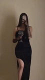 Sexy Sheath Straps Long Black Velvet Slit Feathers Prom Dress HZ1022