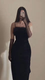 Sexy Sheath Straps Long Black Velvet Slit Feathers Prom Dress HZ1022