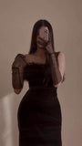 Sexy Sheath Straps Long Black Velvet Slit Feathers Prom Dress HZ1022