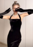 Sexy Sheath Halter Black Velvet Prom Dress HZ1022