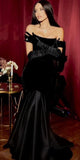 Sexy Mermaid Strapless Velvet Long Black Prom Dress With Gloves HZ1022